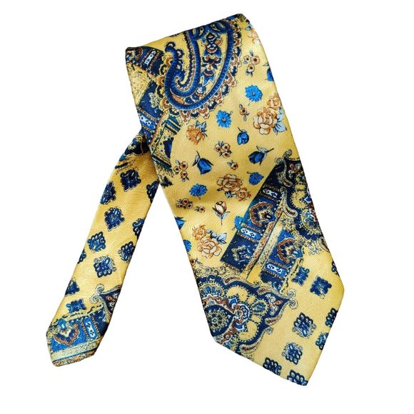 Angelo Litrico Mens Necktie C&A Silk Yellow Blue Paisley Floral Statement Tie - Picture 1 of 7